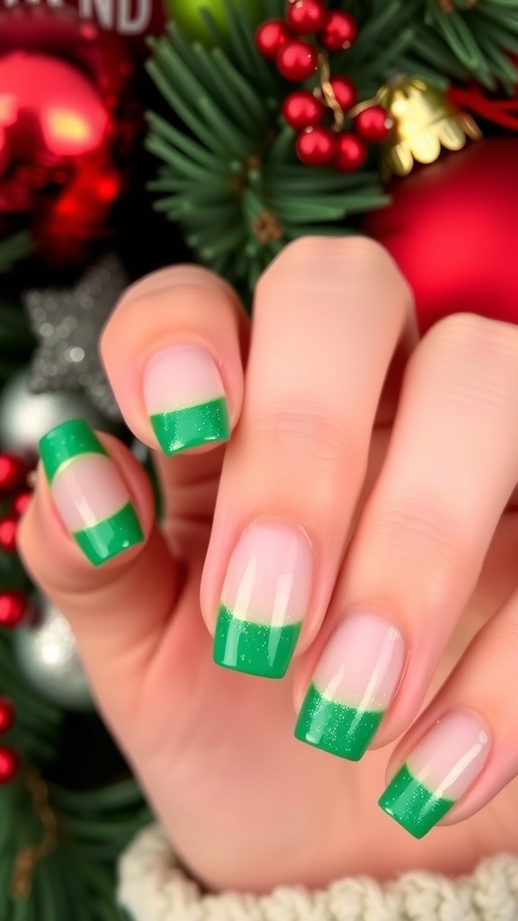 Short French tip nails with green tips, decorated for Christmas, against a festive holiday backdrop.